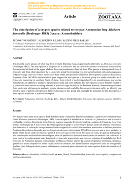 Zootaxa, the Description of a Cryptic Species Related to the Pan-Amazonian Frog Allobates