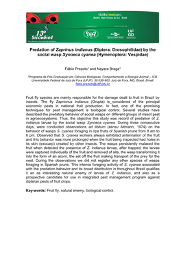 Predation of Zaprinus Indianus (Diptera: Drosophilidae) by the Social Wasp Synoeca Cyanea (Hymenoptera: Vespidae)