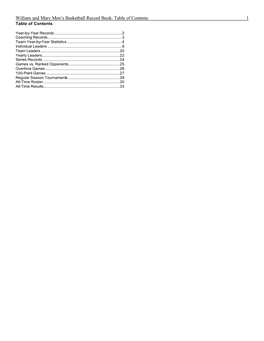 William and Mary Men's Basketball Record Book: Table of Contents 1