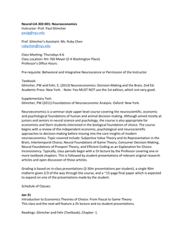 Neuroeconomics Instructor: Prof. Paul Glimcher Paulg@Nyu.Edu