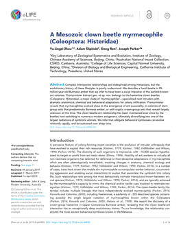 A Mesozoic Clown Beetle Myrmecophile (Coleoptera: Histeridae) Yu-Lingzi Zhou1,2, Adam S´ Lipin´ Ski2, Dong Ren3, Joseph Parker4*
