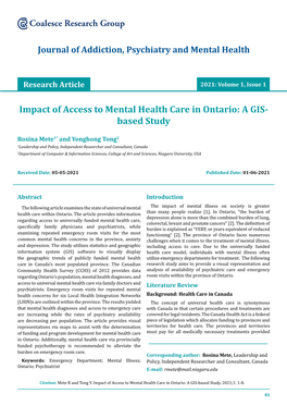 Impact of Access to Mental Health Care in Ontario: a GIS-Based Study