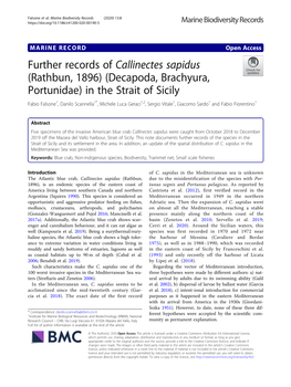 Further Records of Callinectes Sapidus (Rathbun, 1896) (Decapoda, Brachyura, Portunidae) in the Strait of Sicily