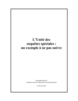 L'unité Des Enquêtes Spéciales Rédigé À L'intention Du Procureur Général De L'ontario Par L'honorable George W