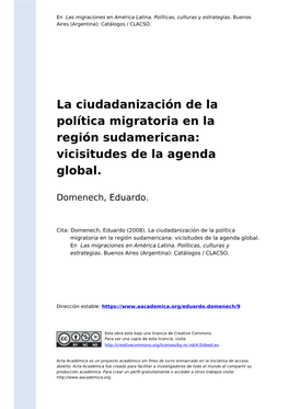 La Ciudadanización De La Política Migratoria En La Región Sudamericana: Vicisitudes De La Agenda Global
