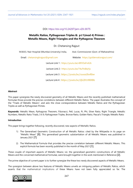 Metallic Ratios, Pythagorean Triples & P≡1(Mod 4) Primes