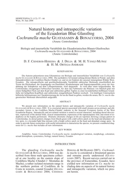 Natural History and Intraspecific Variation of the Ecuadorian Blue Glassfrog Cochranella Mache GUAYASAMIN & BONACCORSO, 2004 (Anura: Centrolenidae)