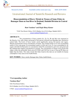 Bioaccumulation of Heavy Metals in Tissues of Some Fishes in Bansagar Dam on Son River in Deolond, Shahdol Division in Central India