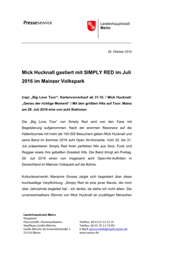 Mick Hucknall Gastiert Mit SIMPLY RED Im Juli 2016 Im Mainzer Volkspark