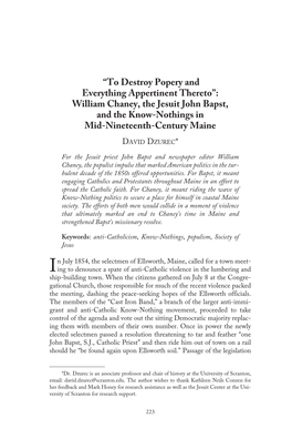 “To Destroy Popery and Everything Appertinent Thereto”: William Chaney, the Jesuit John Bapst, and the Know-Nothings in Mid-Nineteenth-Century Maine