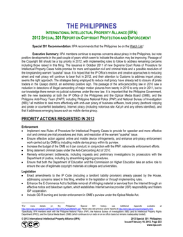 The Philippines International Intellectual Property Alliance (Iipa) 2012 Special 301 Report on Copyright Protection and Enforcement