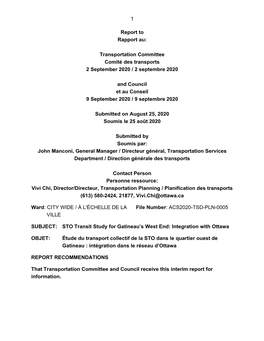 Transportation Committee Comité Des Transports 2 September 2020 / 2 Septembre 2020 and Council Et Au C