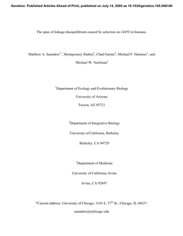 The Span of Linkage Disequilibrium Caused by Selection on G6PD in Humans