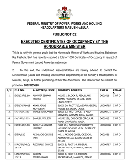 Executed Certificates of Occupancy by the Honourable Minister