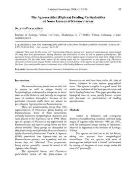 (Diptera) Feeding Particularities in Some Genera of Ranunculaceae