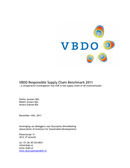 VBDO Responsible Supply Chain Benchmark 2011 - a Comparative Investigation Into CSR in the Supply Chain of 40 Multinationals