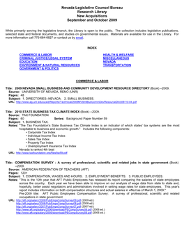 Nevada Legislative Counsel Bureau Research Library New Acquisitions September and October 2009