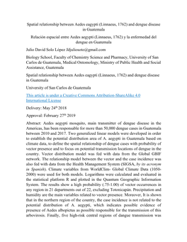 And Dengue Disease in Guatemala Relación Espacial Entre Aedes Aegyp