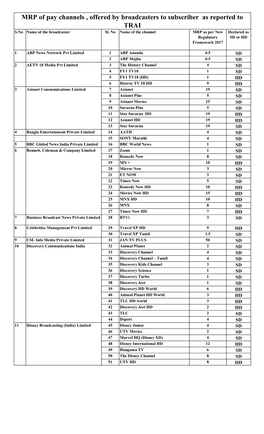 MRP of Pay Channels , Offered by Broadcasters to Subscriber As Reported to TRAI S.No Name of the Broadcaster Sl