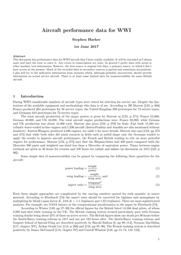 Aircraft Performance Data for WWI