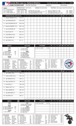 Toronto Blue Jays Vs. Oakland Athletics Saturday, July 16, 2016 W 1:05 P.M