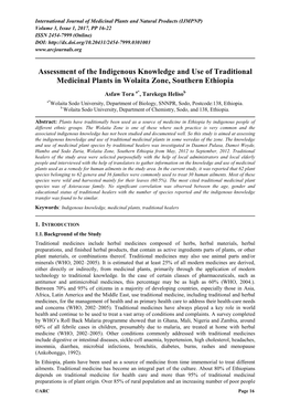 Assessment of the Indigenous Knowledge and Use of Traditional Medicinal Plants in Wolaita Zone, Southern Ethiopia