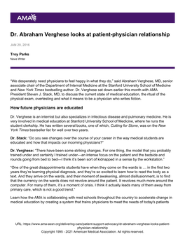 Dr. Abraham Verghese Looks at Patient-Physician Relationship