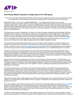 Avid Powers Media Production of Super Bowl LI for FOX Sports