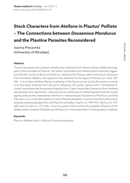 Stock Characters from Atellana in Plautus' Palliata – the Connections Between Dossennus-Manducus and the Plautine Parasites