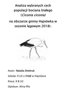 Analiza Wybranych Cech Populacji Bociana Białego (Ciconia Ciconia)