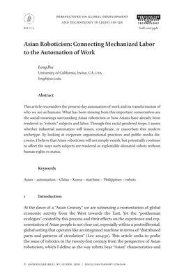 Asian Roboticism: Connecting Mechanized Labor to the Automation of Work