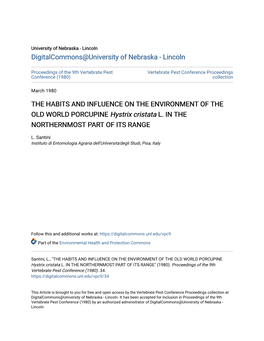 THE HABITS and INFLUENCE on the ENVIRONMENT of the OLD WORLD PORCUPINE Hystrix Cristata L. in the NORTHERNMOST PART of ITS RANGE