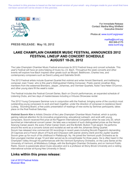 LCCMF Announces 2012 Festival Season