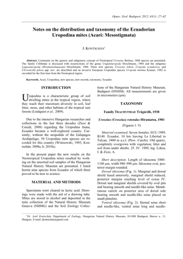 Notes on the Distribution and Taxonomy of the Ecuadorian Uropodina Mites (Acari: Mesostigmata)
