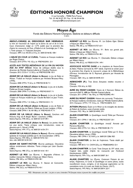 Moyen Âge Fonds Des Éditions Honoré Champion, Slatkine Et Éditeurs Diffusés IV-2015