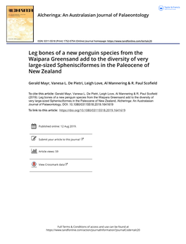 Leg Bones of a New Penguin Species from the Waipara Greensand Add to the Diversity of Very Large-Sized Sphenisciformes in the Paleocene of New Zealand