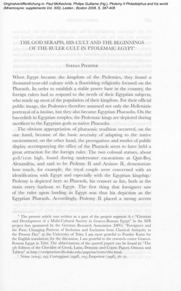 The God Serapis, His Cult and the Beginnings of the Ruler Cult in Ptolemaic Egypt*