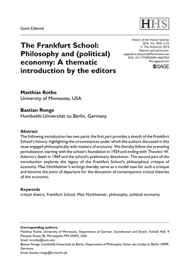 The Frankfurt School: Philosophy and (Political) Economy: a Thematic