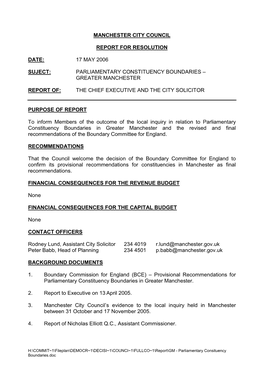 Report to Council on 17 May 2007 Onparliamentary Consituency Boundaries