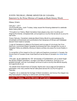 JUSTIN TRUDEAU, PRIME MINISTER of CANADA Statement by the Prime Minister of Canada on Black History Month