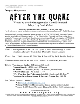 AFTER the QUAKE Written by Award-Winning Novelist Haruki Murakami Adapted by Frank Galati