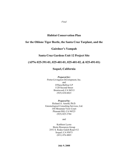 Habitat Conservation Plan for the Ohlone Tiger Beetle, the Santa Cruz Tarplant, and The