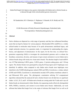 Indian Red Jungle Fowl Depicts Close Genetic Relationship with Indian Native Chicken Breeds As 2 Evidenced Through Whole Mitochondrial Genome Intersection