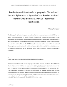 Pre-Reformed Russian Orthography in Clerical and Secular Spheres As a Symbol of the Russian National Identity Outside Russia