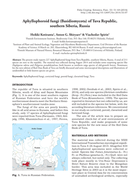 Aphyllophoroid Fungi (Basidiomycota) of Tuva Republic, Southern Siberia, Russia