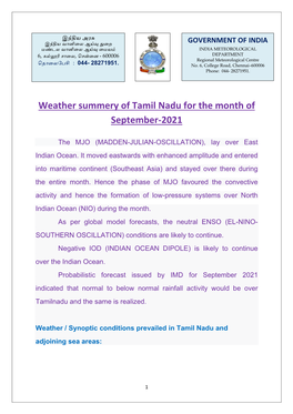 Weather Summery of Tamil Nadu for July-2021