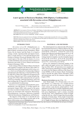 ARTICLE a New Species of Dasineura Rondani, 1840 (Diptera, Cecidomyiidae) Associated with Byrsonima Sericea (Malpighiaceae) Valéria Cid Maia1,2*