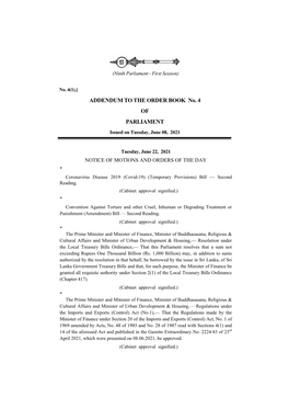 ADDENDUM to the ORDER BOOK No. 4 of PARLIAMENT Issued on Tuesday, June 08, 2021