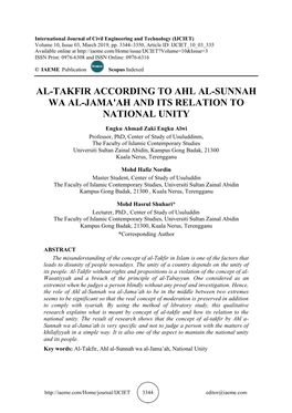 Al-Takfir According to Ahl Al-Sunnah Wa Al-Jama'ah and Its Relation to National Unity