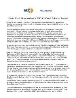 Kevin Cook Honored with WBCA's Carol Eckman Award 2009-10
